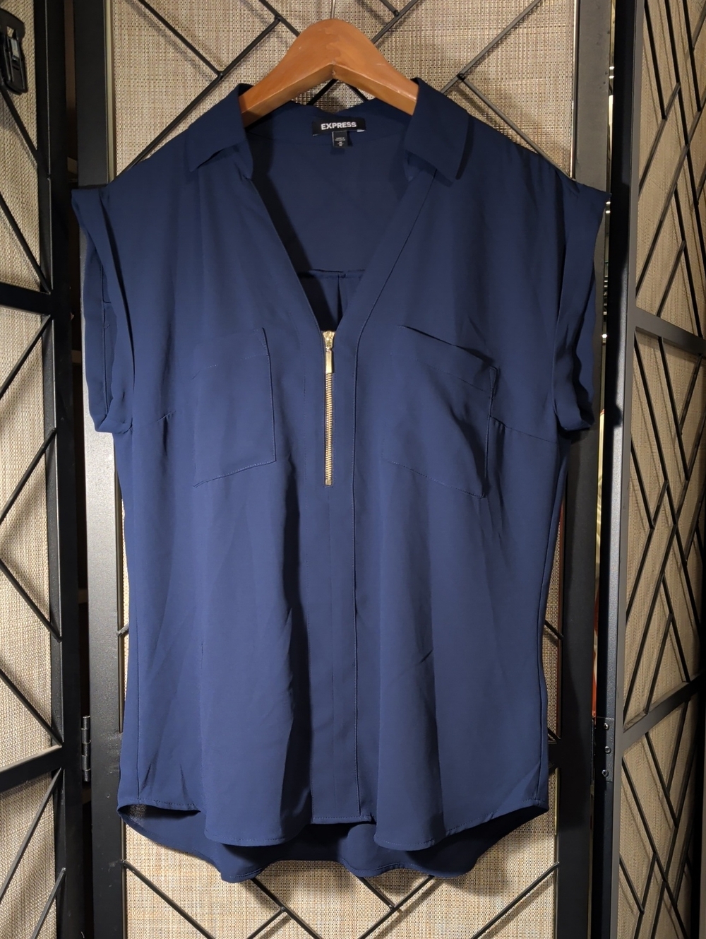 Express Navy Short-Sleeve Zip Front Blouse